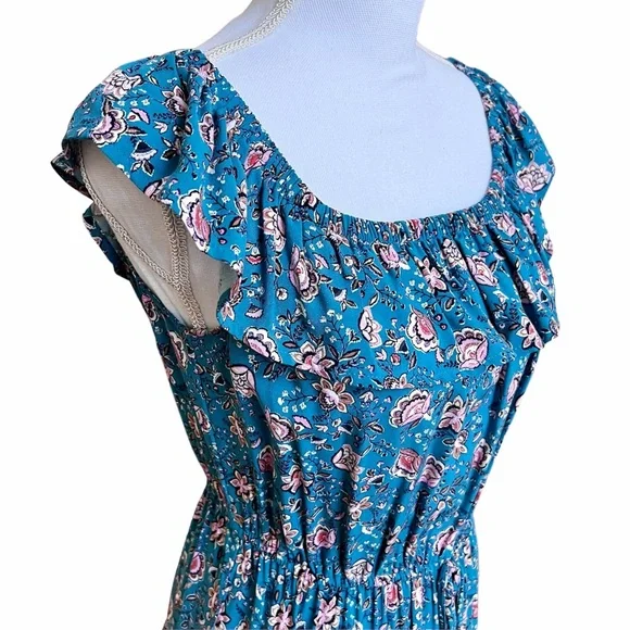BeBop Like-new Blue Floral SunDress Elastic Ruffle Off Shoulder Mini Size M - Picture 3 of 11